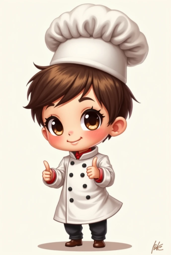  Create a digital drawing of a doll in the artistic style  ( chibi)  use the format CANNOT BE THREE-DIMENSIONAL, MAKE IT TWO-DIMENSIONAL,  with the following features and accessories : pele curtain,  well-lit brown eyes , Head Chef Hat, tom de pele curtain...