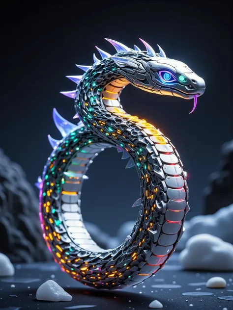  A mechanical ring full of sci-fi charm ， The main body is a dynamic mechanical snake 。 The snake body is made of nanoscale metal materials ， with gorgeous neon light flowing on the surface ， energy flow like a virtual screen ， that can change color accord...