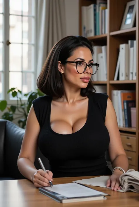 1,75m, 70 kilos, A short-haired, black hair, woman with glasses, wide hips, big breasts, surpoid léger, tenue sobre, assis dans un bureau, professeur de management excentrique 