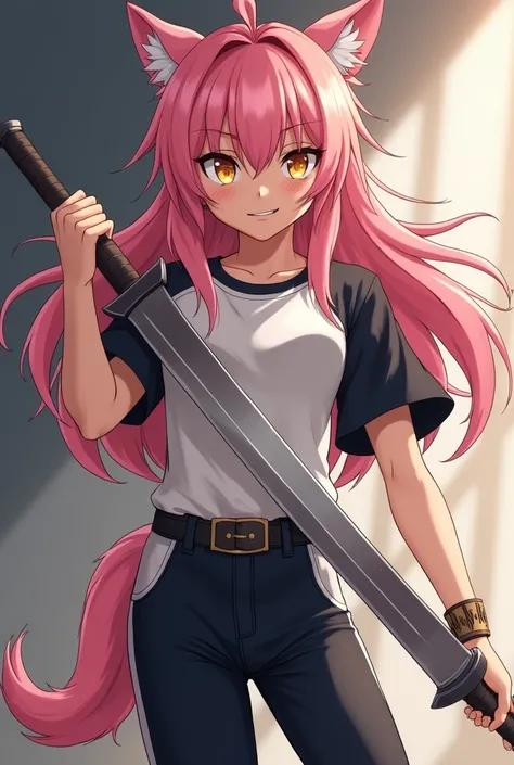   an anime werewolf girl ,  fair skin ,  pink hair,  golden eyes,  black and white t-shirt, black and white pants,  serious and furious expression, brandishing a heavy sword .
