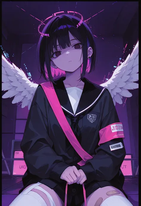 Black Hair,short hair,black eye,Angel&#39;s wing,Black clothes,Gender unknown,Expressionless,The lines are a little rough, best quality, masterpiece, 748cmstyle, A high school girl in a Japanese sailor uniform sitting like "The Thinker," facing left. (She ...