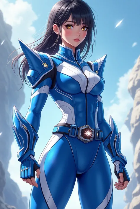 girls, Heroine, Blue warior, super sentai, Belt, blue and white suit, sexy, tight clothes, asian girl, anime art style
