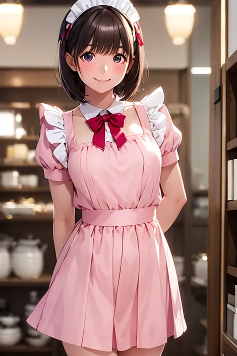 masterpiece,( top quality:1.5), ( high resolution:1.5), 20-year-old woman,Nene Kasaki々,  short hair,  pink maid clothes ,  Maid Headdress ,  cowboy shot,  standing, Inside the store,  lift skirt, smile