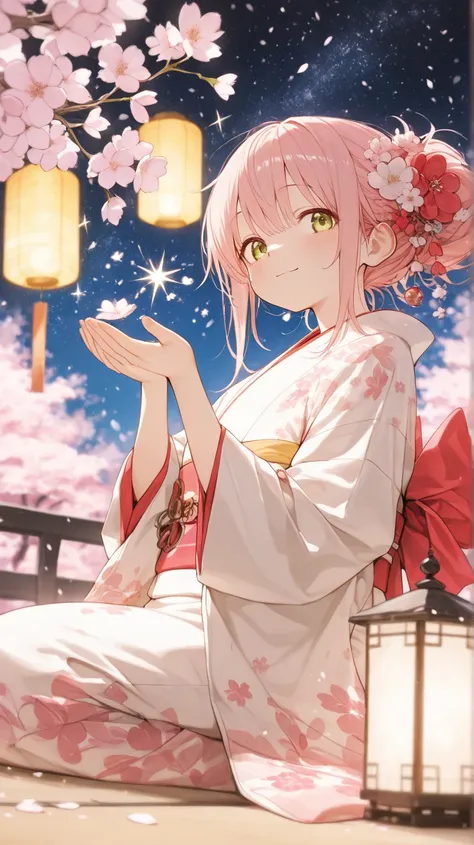 Under a large one cherry tree, a lantern that emits warm light arranged on the ground, the girl has a pink and white kimono, a small smile in the hand, a cherry blossom on the hair, a scattered cherry blossoms and night sky in the background. The floating ...