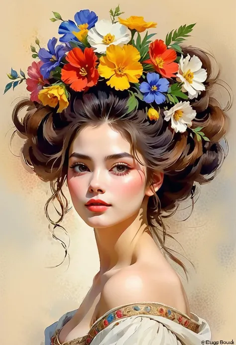  a watercolor painting ， depicts a beautiful woman ，Flowers in the hair 。 Best Quality ,  high quality ,  masterpiece,  detailed , ( crazy alternate hair style:1.4),  amazing intricate full color , irresistible,  understated appeal , Stunning contrast , Cr...