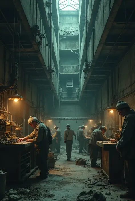 Create an image in the style of Makoto Shinkai A rundown factory with workers toiling in harsh conditions, highlighting the unfortunate realities of a sweatshop environment.