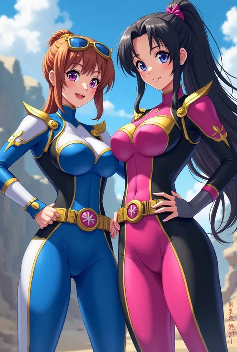 2 girls, Heroine, Blue and pink warior, super sentai, Belt, blue and white suit, pink and black suit, sexy, tight clothes, asian girl, anime art style, big breast
