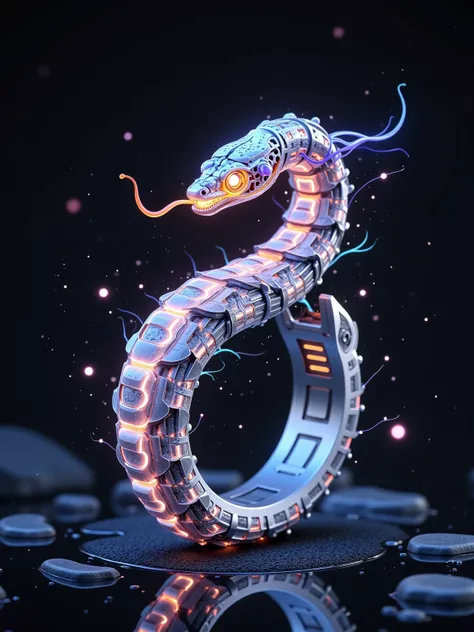  A mechanical ring full of sci-fi charm ， The main body is a dynamic mechanical snake 。 The snake body is made of nanoscale metal materials ， with gorgeous neon light flowing on the surface ， energy flow like a virtual screen ， that can change color accord...