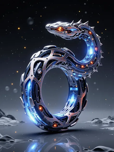  A mechanical ring full of sci-fi charm ， The main body is a dynamic mechanical snake 。 The snake body is made of nanoscale metal materials ， with gorgeous neon light flowing on the surface ， energy flow like a virtual screen ， that can change color accord...