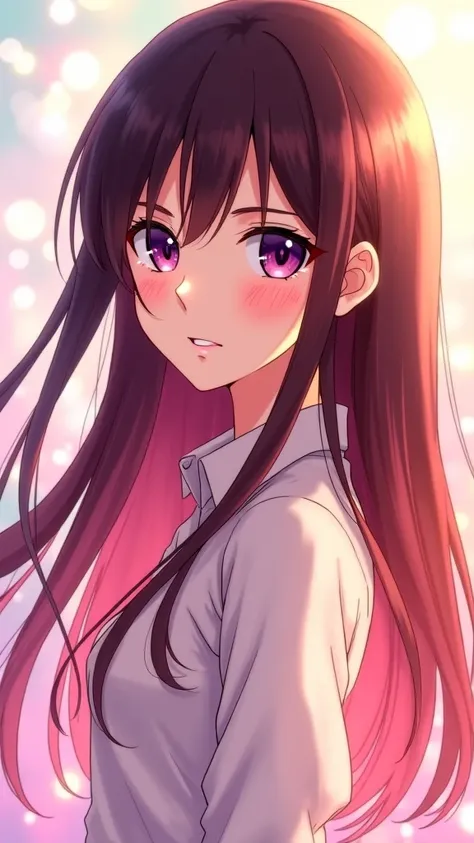 A stunning anime-style illustration of a young woman facing forward, her large, expressive eyes filled with depth and emotion. Her long, silky hair flows gracefully, transitioning into a smooth gradient of colors, blending seamlessly from deep crimson to s...