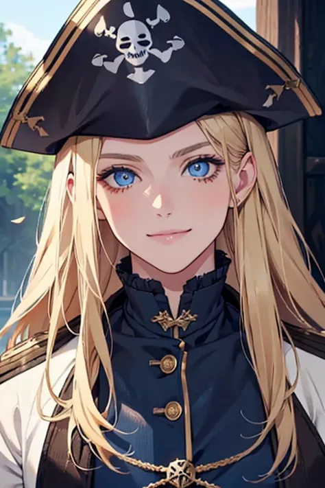   dark blue eyes,   natural blond hair  , eyes, adult, to smile, , PIRATE, spots on the face