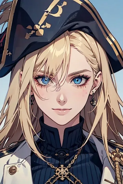   dark blue eyes,   natural blond hair  , eyes, adult, to smile, , PIRATE, spots on the face