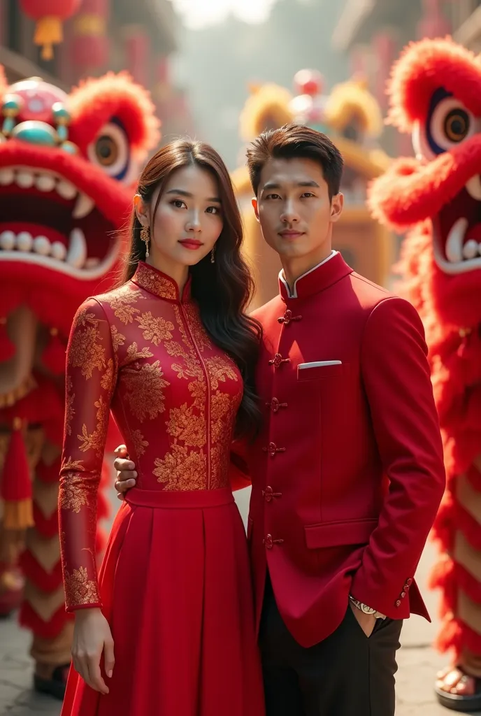 A pair of beautiful and handsome Chinese lovers ,  wearing red gong xi FA CAI Chinese fashion suit ,  are standing side by side behind them there is a barongsai, loook a camera 