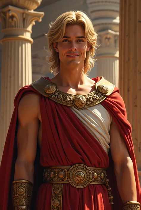 young greek king, male, young, blond, long hair, clean shaven, smooth face, smiling