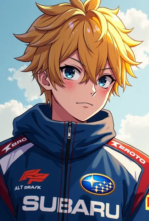 Create an 18-year-old boy with blond hair and black eyes wearing an anime-style Subaru racing jacket