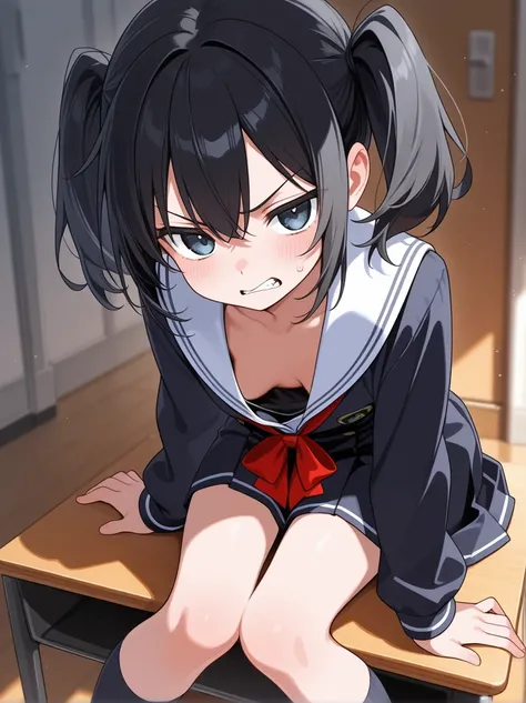  black hair　 Twin Tails　 small breasts　 down blouse 　school uniform　A little angry face　 cleavage