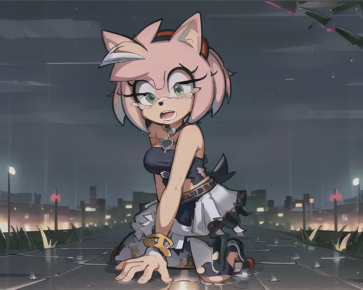 (masterpiece, best quality:1.1), (amy rose:1.1), 1girl, solo, dress, pink skin, looking at viewer,, detailed eyes, outdoors, skirt

holes in clothes, , bare shoulders, night sky, city masterpiece, high quality, sad, masterpiece, torn clothes, large hips, c...