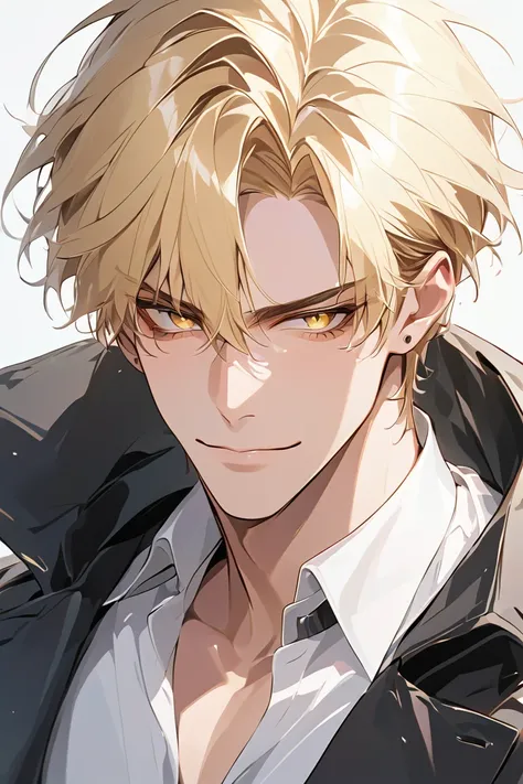  masterpiece,  alone, 1 macho,  short hair,  blond hair,  yellow eyes, ironic facial smile ,  black and white shirt , black coat