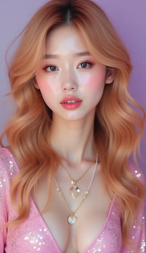 Realistic Korean images of 2 female pop artists,  The first ,  has wavy long strawberry blonde hair , dan Makeup  seperti peri,  the second one is on the left side she is a female pop artist with blonde hair styled and dyed , Makeup , smile,  she has a sma...