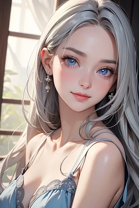 (masterpiece: 1.2,  top quality), ( actual photo ,   complicated details), 1. woman,  alone,   upper body,   casual,   shoulder-length hair ,  minimal makeup , Natural materials,   face close-up , smile, Home, Silver Hair、dark blue eyes 、 surprised face、((...