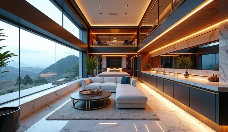 The interior of a futuristic, ultra-luxurious multi-story motorhome, designed like a high-end penthouse on wheels. The space features a modern open-concept layout with premium materials such as polished marble floors, plush leather seating, and ambient LED...