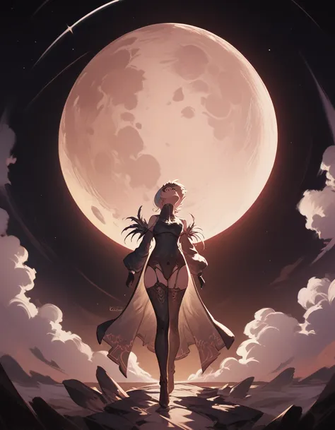 yorha10H, standing on the surface of earth's moon, lunar surface, looking up at the Earth, black sky, earth in the center of the sky