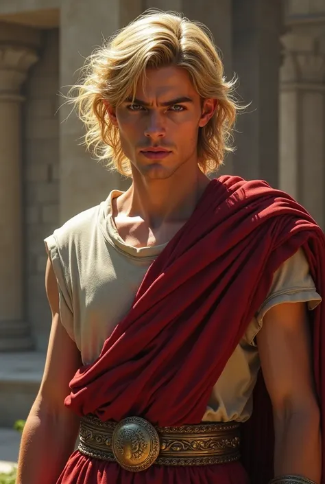 young greek king, male, young, blond, long hair, handsome, clean shaven, smooth face, angry looking