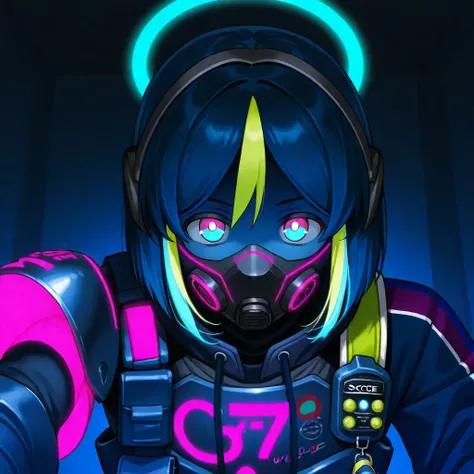 tighnari, with futuristic mask on face leaking out neon pink gas, with neon blue halo over head, with neon blue glowing hair, with glowing neon pink eyes, with neon blue tactical gloves, with futuristic armor on clothes, with tactical pouches on chest, wit...