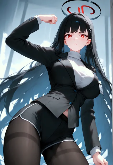 rio (blue archive), 1girl, solo, long hair, looking at viewer, stawey, large breasts, black hair, long sleeves, hair ornament, red eyes, standing, boxer briefs, hairclip, boxer shorts, boxer pants, halo, black jacket, black pantyhose, 