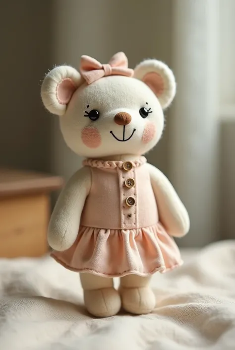 Create an image of a little rag bear standing, Dressed in a little outfit in soft colors , Little bow in the head I want you to have that style of handmade animals, very cute and cozy . 
