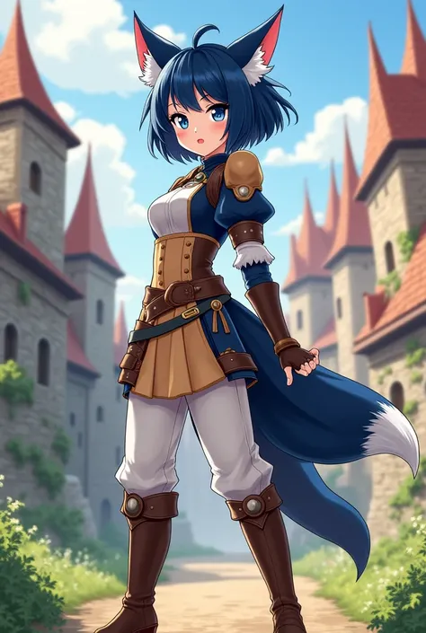 anime type image,  beautiful woman , Navy blue short poncho hair,  navy blue eyes,  small fox ears color navy blue with white, Fox tail color navy blue with white, light brown and white battle clothing,  medieval city , brown high heel long boots,  medieva...