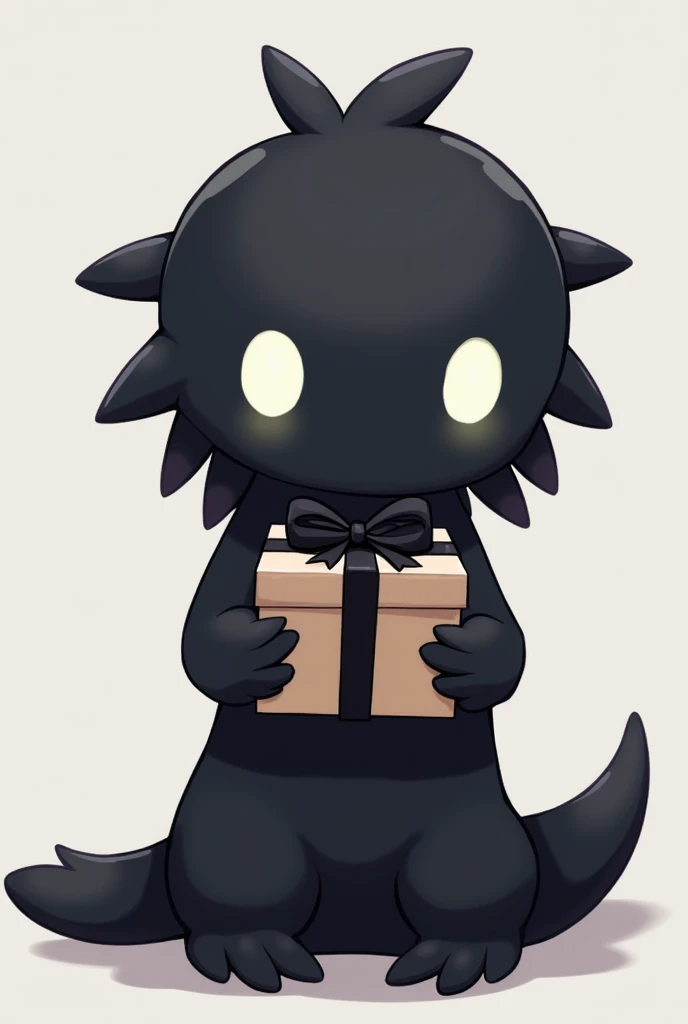 A black axolotl-like shadow creature with glowing white eyes and no mouth, is holding a gift box with both hands, the gift box is wrapped with a black ribbon, the background is plain, and the focus is entirely on the character, with smooth edges and a simp...