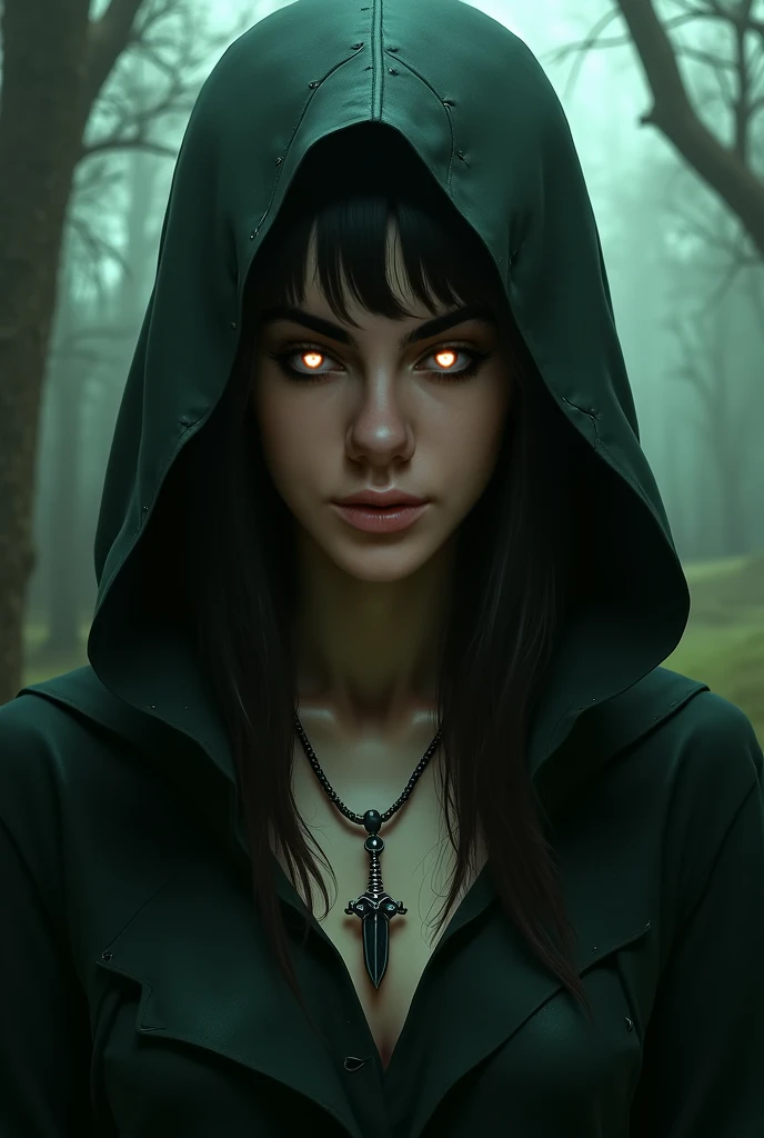 Her as a dark fantasy character, shem. She has green eyes. She wears a hood and a necklace with a charm in the form of tiny black sword. 