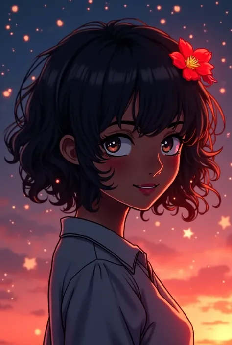 An anime animation featuring a black woman with slightly curly hair with the flower Lycoris radiates red in her hair,  She has to have a strong but pleasant look,  Also leave a space to write the name of my book,   the background of the image has to flow a...