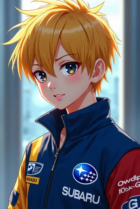 Create an 18-year-old boy with blond hair and black eyes wearing an anime-style Subaru racing jacket