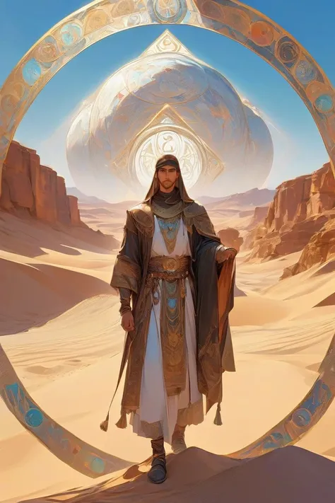 (absurdities,  highres,  extremely detailed), 1 macho, adult, beautiful, tall muscular face,  wide shoulder leather jacket,  precisely detailed eyes and face , o cliff \tarot\, desert, camel, Middle Eastern clothing, symbolism, visual art, hidden, Universa...