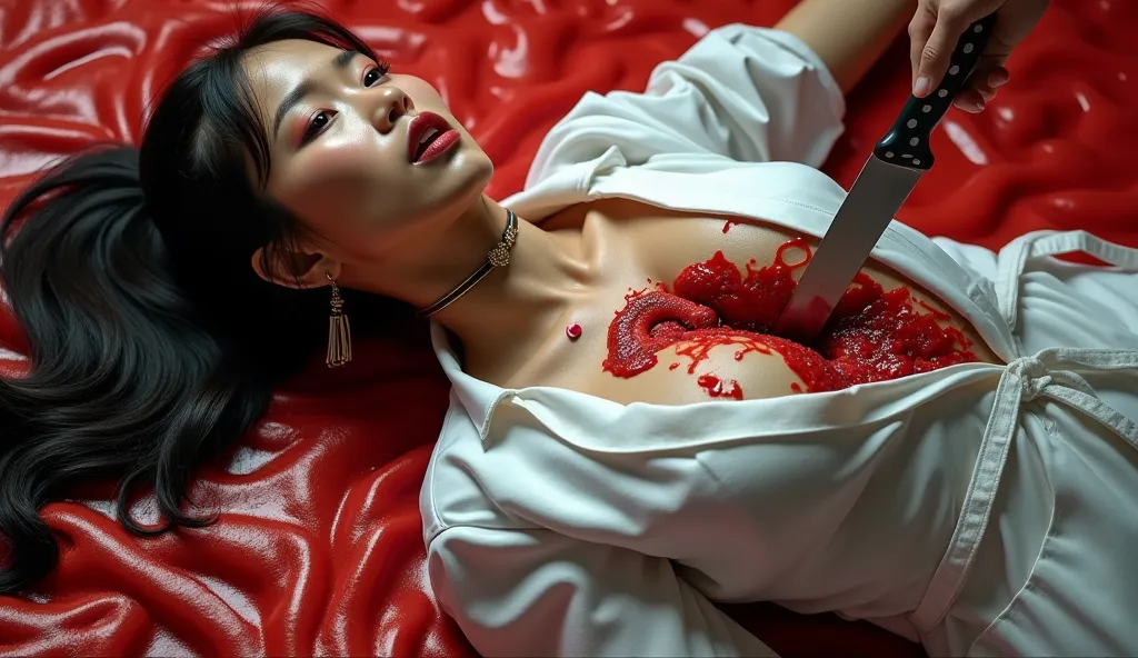 Gorgeous asian woman, with ponytail, hoop earrings, choker, huge oversized perky breasts, with big wiggling slimy worms that barely covers her breasts with white lab coat over it that's been ripped open. She is lying on her back of floor of red slimy stoma...