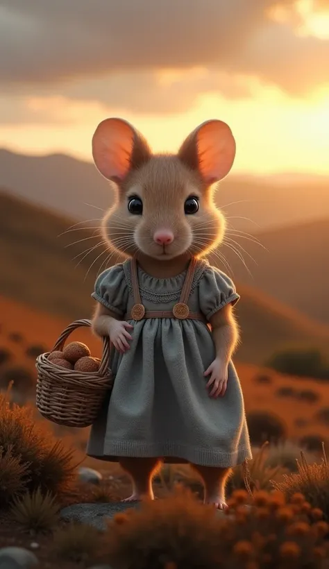 A photorealistic anthropomorphic cute little mouse wearing a vintage gray dress,standing upright on a Scottish highland moor at sunset. The little mouse carries a woven wicker basket containing some bairies. The landscape features dramatic rolling hills co...