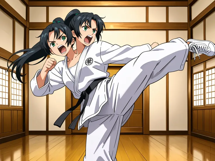 anime girl with two heads, black hair, ponytail, green eyes, karate gi, aggressive screaming, high karate kick pose, dojo