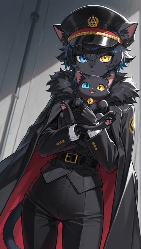 masterpiece,  top quality,  Amazing Quality ,   Very Aesthetic ,  high resolution,  Super Detail,   is ridiculous,  Black fur、1 black cat woman,  rainbow heterochromia(Blue eyes and yellow eyes)、 like fur,Jet-black fur 、 black silk hat、 black tuxedo 、Rapie...