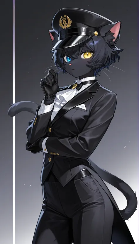 masterpiece,  top quality,  Amazing Quality ,   Very Aesthetic ,  high resolution,  Super Detail,   is ridiculous,  Black fur、1 black cat woman,  rainbow heterochromia(Blue eyes and yellow eyes)、 like fur,Jet-black fur 、 black silk hat、 black tuxedo 、Rapie...