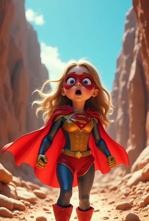 "In a vibrant rocky canyon under a clear blue sky, A Super girl is looking at the camera with a surprised expression. Her face shows complete astonishment."