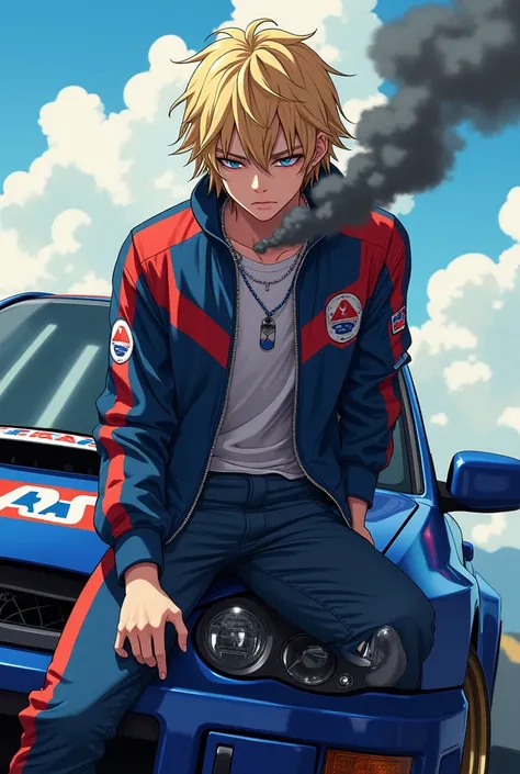 Create an 18-year-old boy with blond hair and black eyes in a Subaru racing jacket who is smoking heavily on an anime-style Subaru