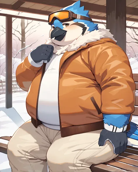 An anthro furry blue jay bird, chubby body, fat cheeks, neck fur(white), medium beak(gray), white eyebrows(white), wearing winter gray pants, wearing white cuffs(big wrist), style by moki, male, masterpiece, realistic design, ultra quality, perfect fatty b...