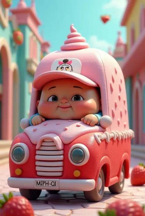 ice popsicle car in the form of strawberry ice cream with an obese driver inside wearing a cap with a baby boy print