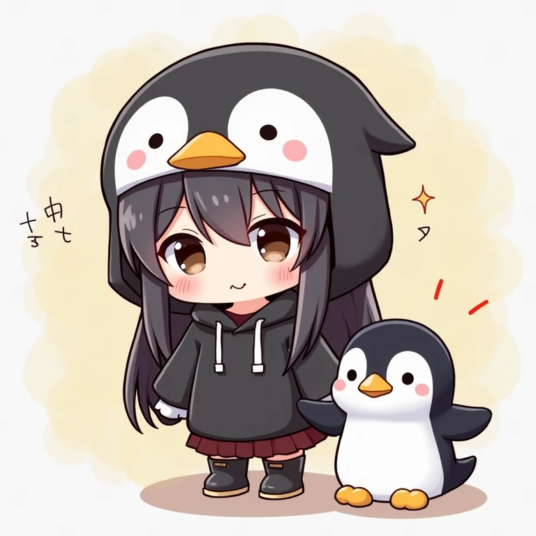 Penguin ear hood 、 Black Hoodie 、Parker、 boots🥾、 stuffed penguin を抱っこ、 stuffed penguin 、nyaruko-san,  chibi!!!   Neferpitot,  chibi,  Maple Story , 、 chibi,    senko-sa  , kawaii  chibi,  minimalist、 chibiキャラ、 mini characters、The background is colorful、 st...