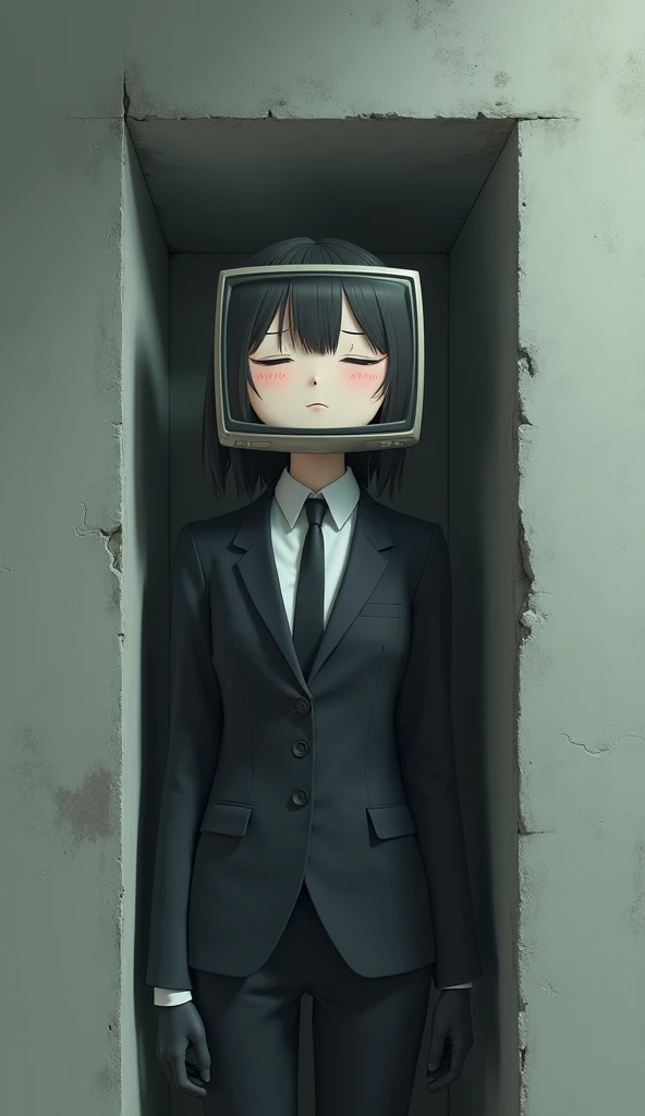 Anime girl tv head white sweat black tie black suit black glove stomach ache in wall