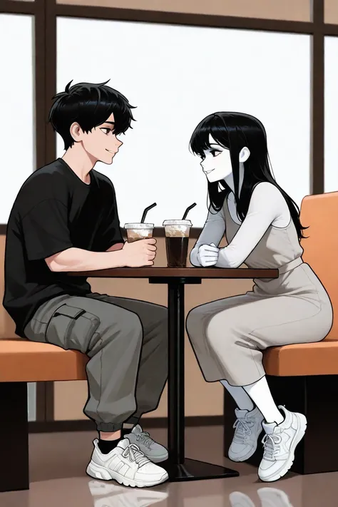 A COUPLE (Man and woman)  in a coffee shop are sitting at a table near the window of the place, the young and beautiful woman ,  has white skin and long black hair,  wearing a light gray sports dress and white sneakers,  The man wears a black t-shirt ,  gr...