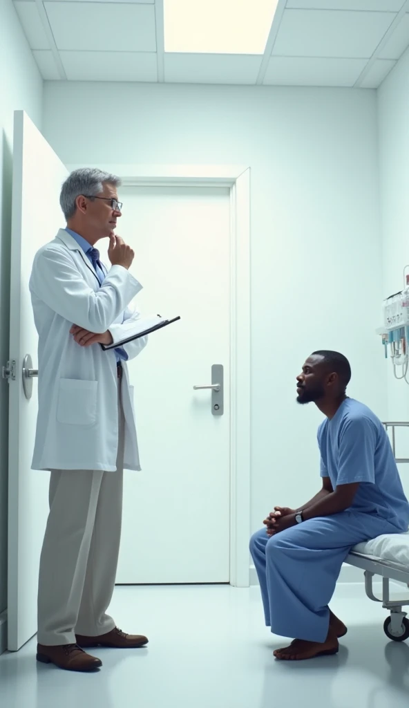 Prompt:
A sterile, white hospital room with smooth, unadorned walls and bright overhead lighting. A middle-aged Caucasian doctor with short gray hair, glasses, and a white coat stands near the doorway, observing a patient with a thoughtful expression. He h...