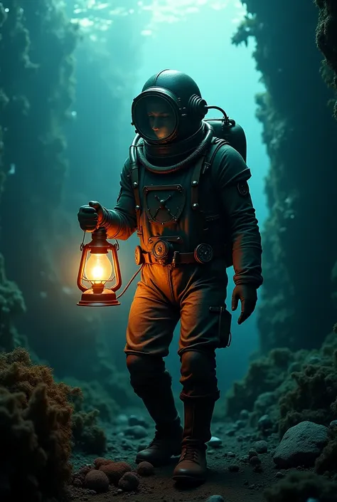  Man in a diving suit at the bottom of the sea, holding a lanyer 